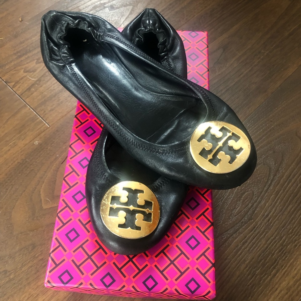 Tory Burch Black and Gold Ballet Flats with Signature Logo